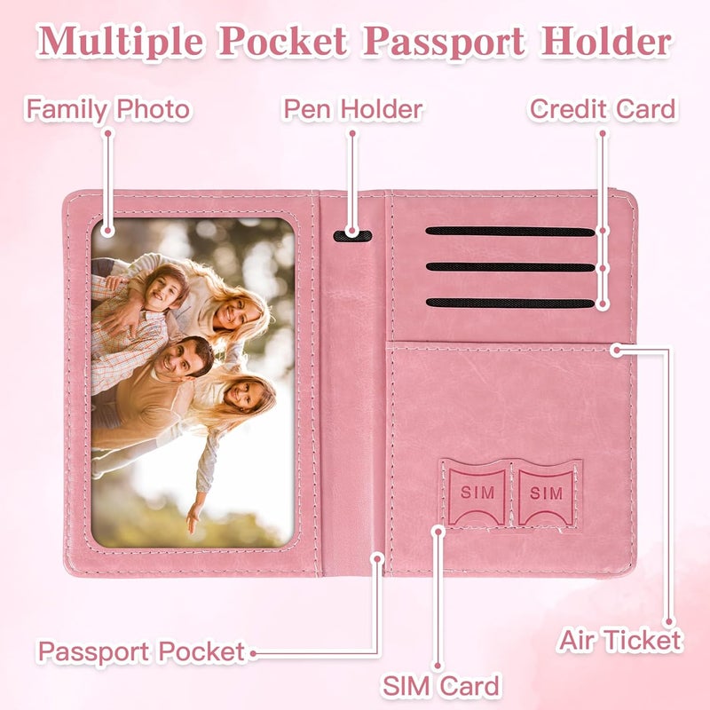 RHOttbiy Passport Holder for Travel, RFID Blocking Passport Cover with Pen Holder Leather Passport Wallet Case Travel Must Haves Accessories Passport Book Card Holder for Family Travel Essentials Gifts, Pink - Image 5